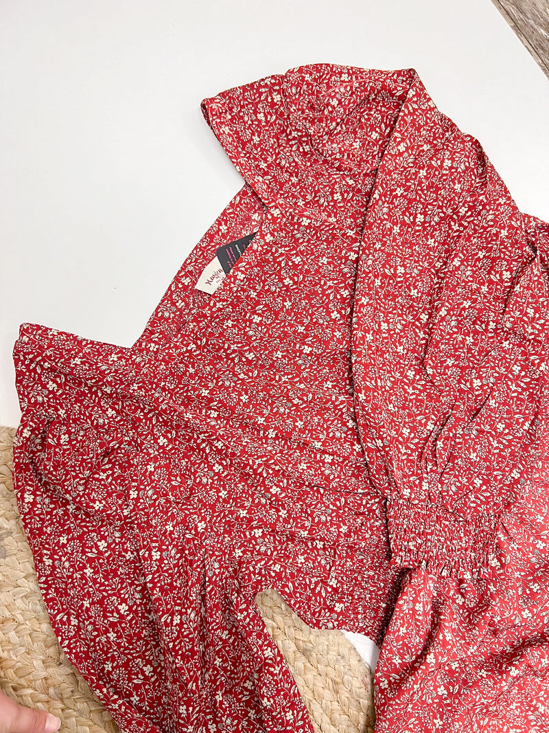 Close up of Lainey Square Neck Long Sleeve Dress in dark red with cream floral pattern neckline 