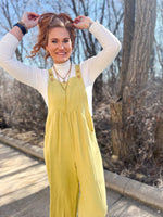 flare overall jumpsuit with adjustable straps in chartreuse 