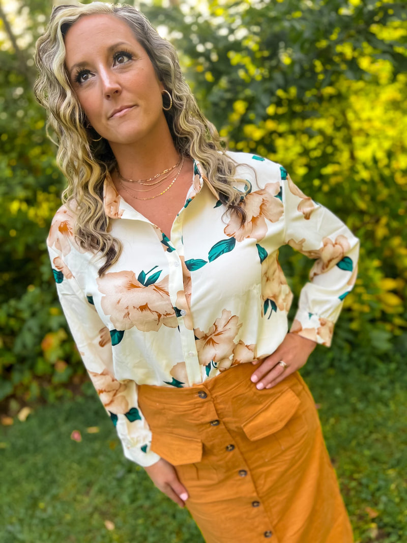Hayden floral satin cream button up blouse with nude and turquoise accents
