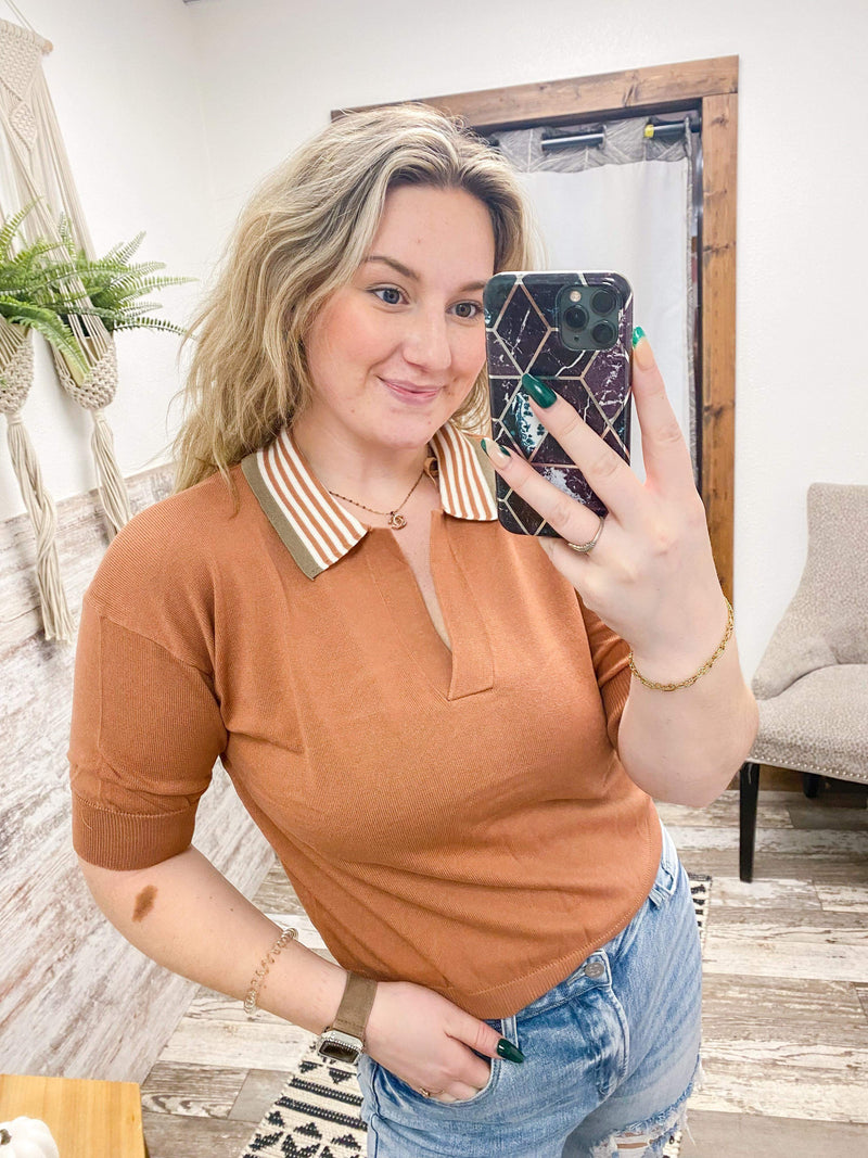 Wishlist polo sweater top in orange with striped collar