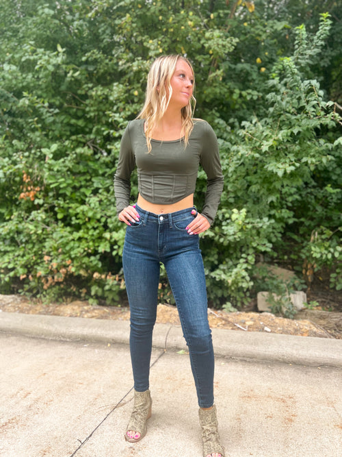 Very J stretchy corset crop top in olive green