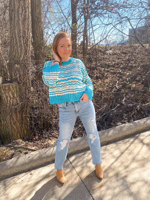 Entro blue and white striped crochet sweater with box fit