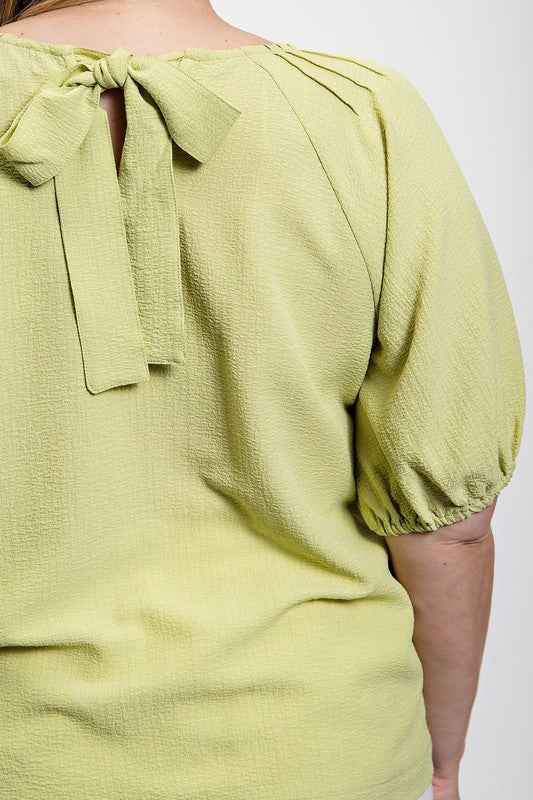 gigio curvy textured puff sleeve blouse in avocado