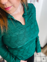 Collective Rack textured long sleeve top with v-neck and collar in hunter green
