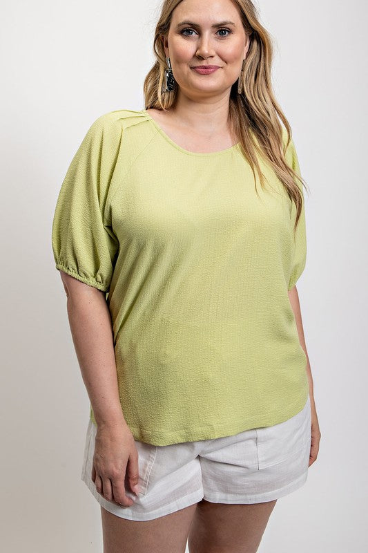 gigio curvy textured puff sleeve blouse in avocado