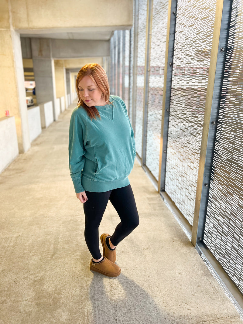 Zenana mineral dyed french terry pullover sweatshirt in teal