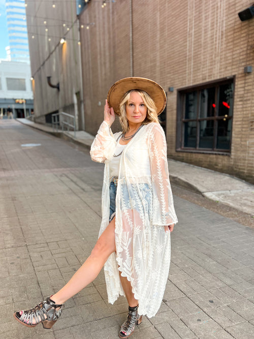 Bluivy long cream lace boho duster with embroidered detail