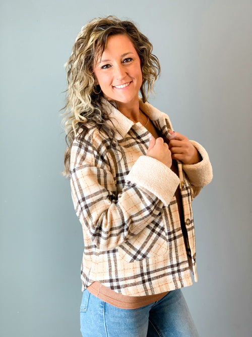 Very J sherpa fleece beige, black, and red plaid jacket with oversized cuffs, front pockets, and buttons