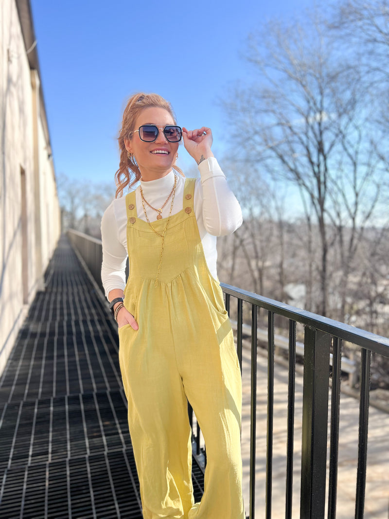 flare overall jumpsuit with adjustable straps in chartreuse 