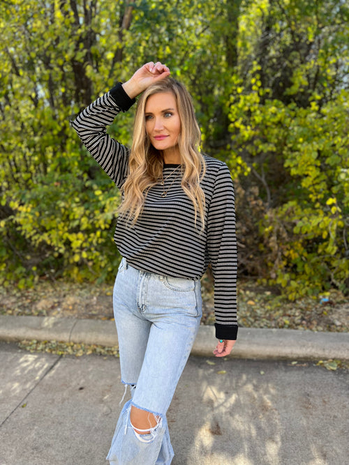 cotton bleu striped long sleeve top in black and white