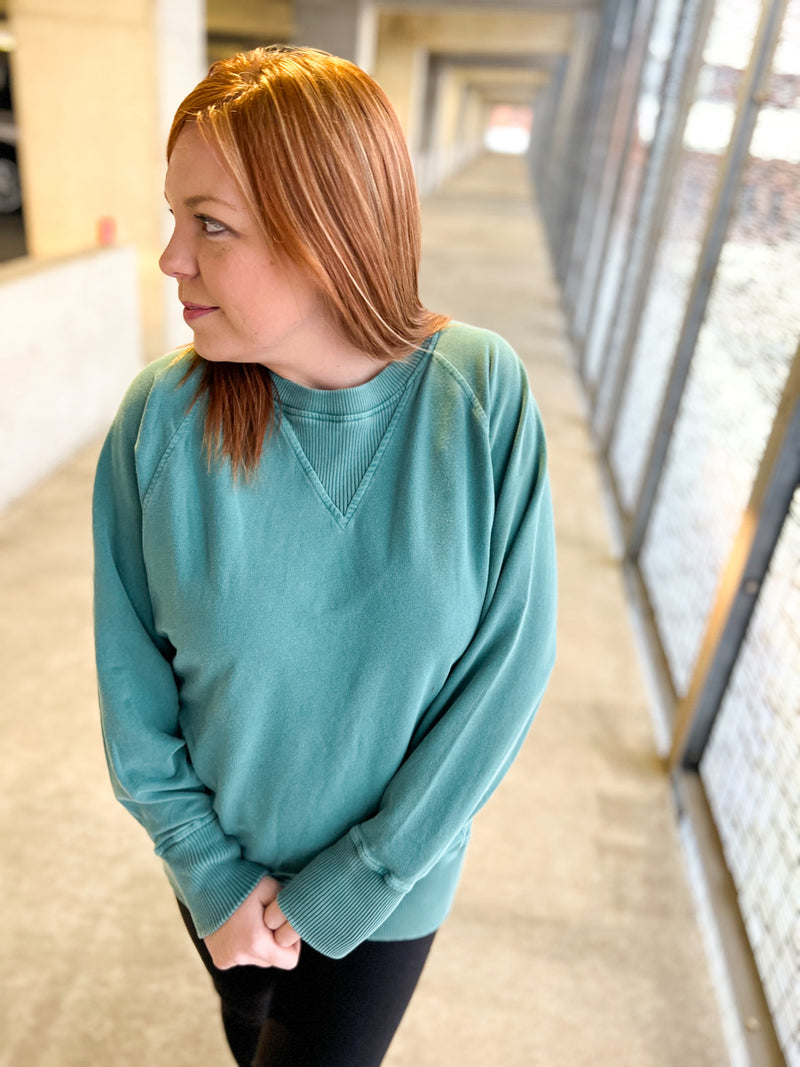 Zenana mineral dyed french terry pullover sweatshirt in teal