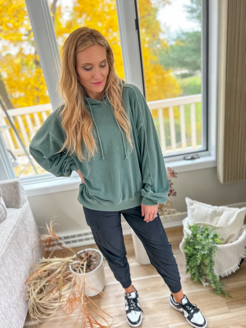 HYFVE flare seam hoodie with no pocket in gray green