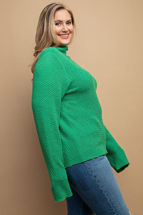 gigio curvy texture knit mock neck long sleeve top in kelly green