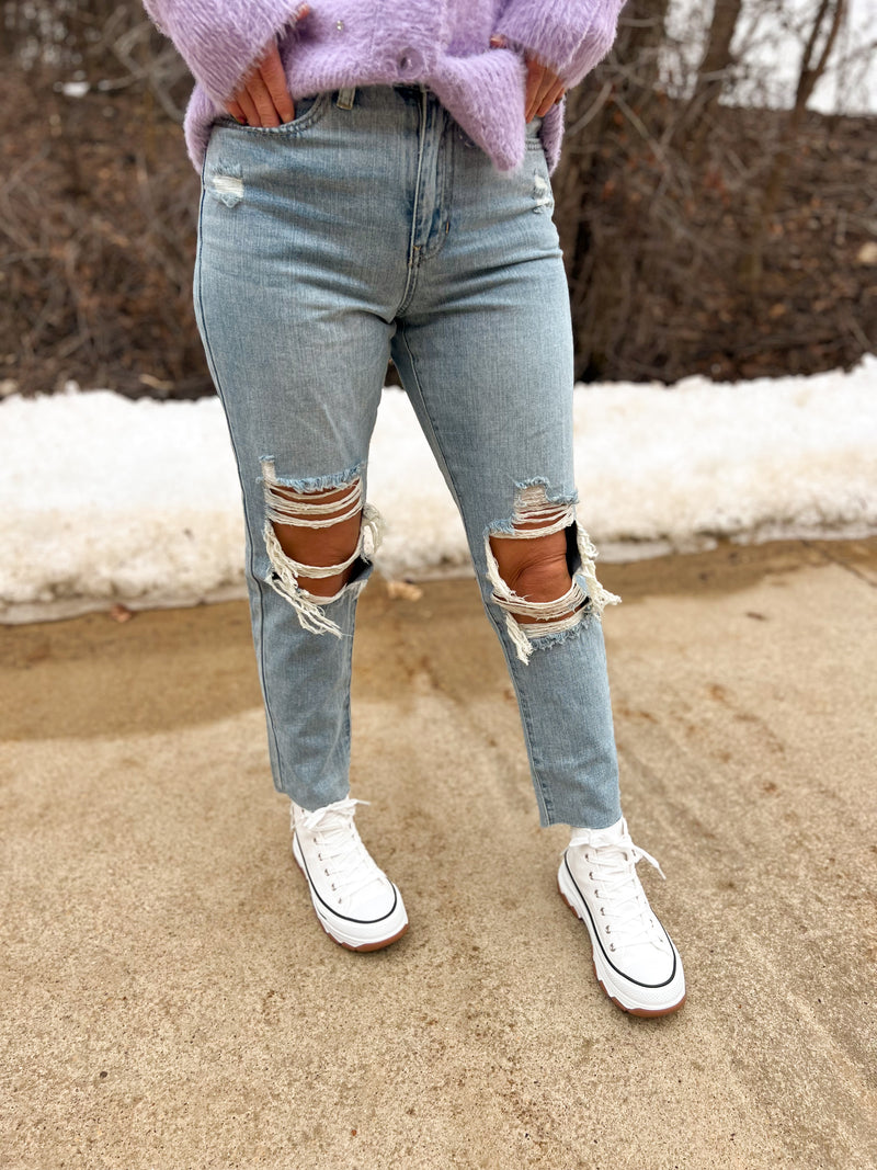 light wash high rise distressed straight jeans