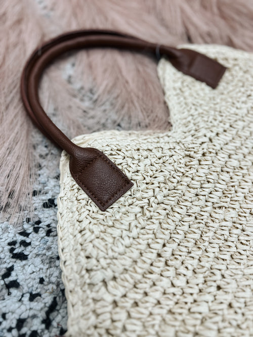 Faux Leather Strap Straw Bag