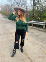 Iris front pleated long sleeve henley top in hunter green
