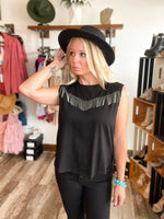 Gilli black sleeveless knit top with silver fringe in a V design on the chest