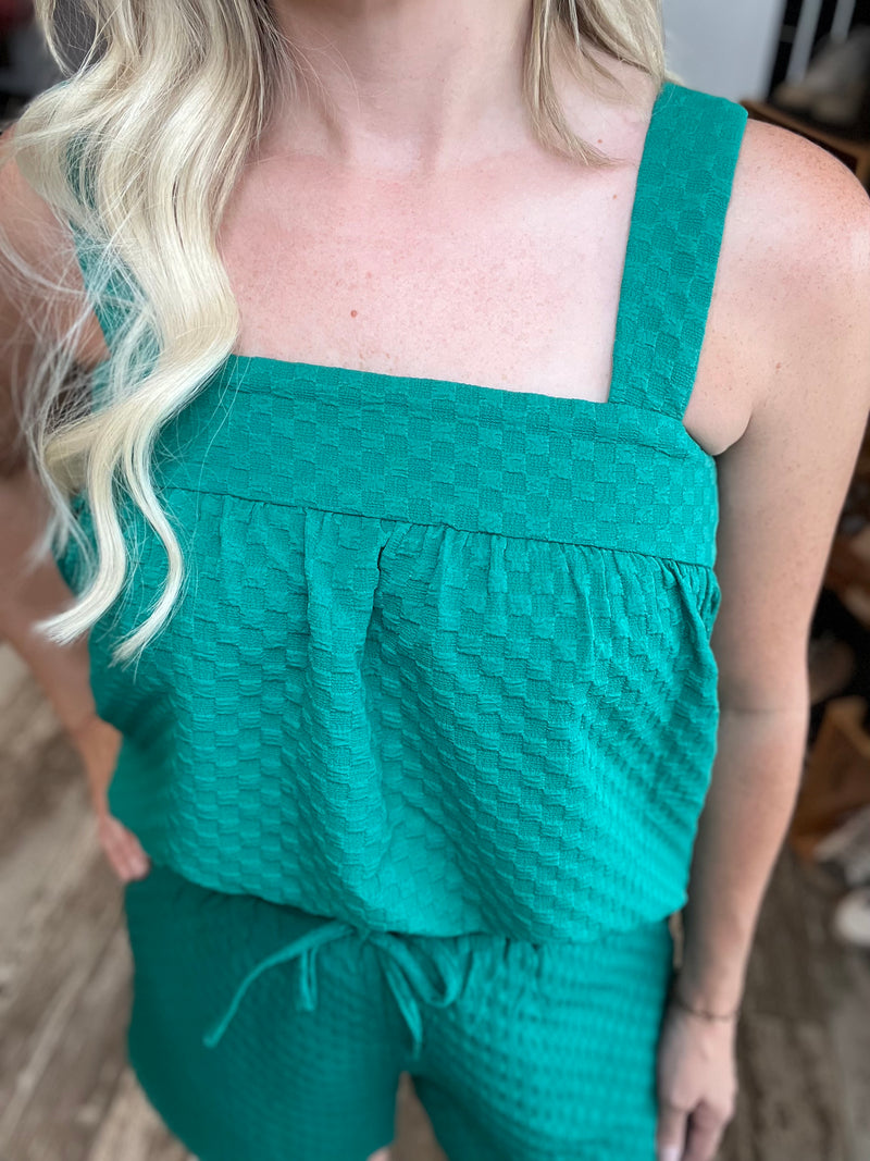 Gilli gingham sleeveless blouse top with square neckline in green