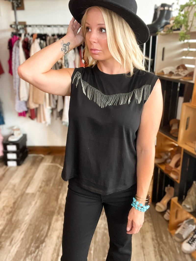 Gilli black sleeveless knit top with silver fringe in a V design on the chest
