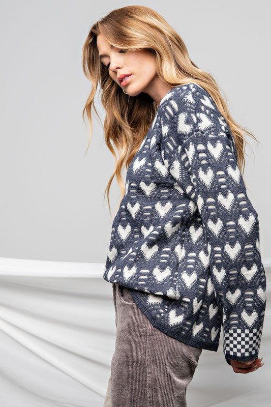 vintage knit gray/blue sweater with white hearts