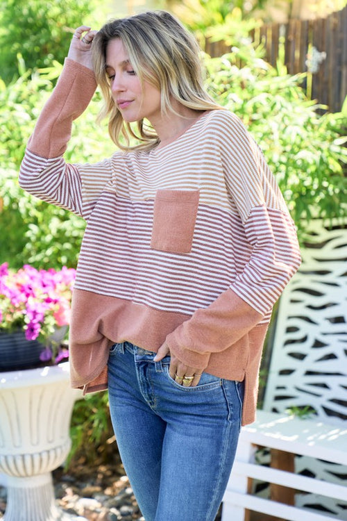 striped colorblock knit tunic with front pocket