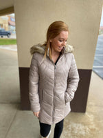 taupe faux leather fur-lined quilted long coat with zippers