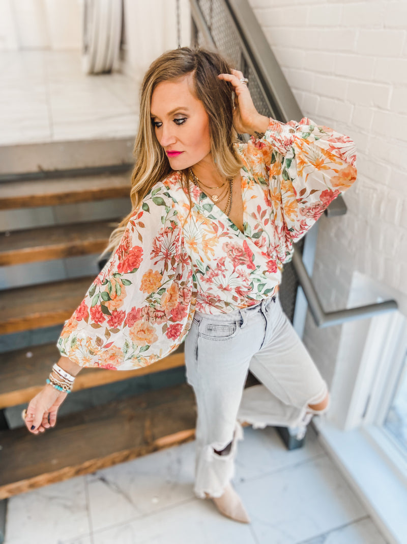 floral surplice blouse in white