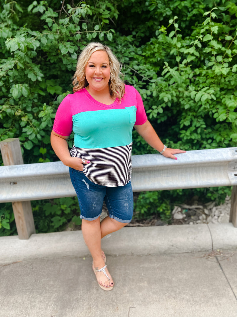 bright pink and teal colorblock scoop neck pocket tee