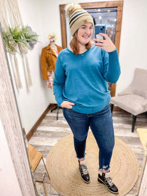 zenana v-neck high low tunic sweater teal