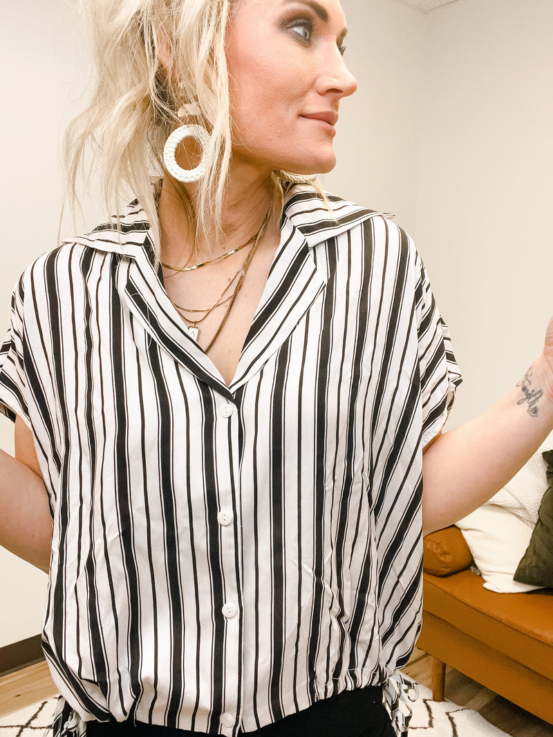 striped dolman button up blouse with collar and self side ties