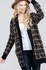 black texture plaid open front cardigan with pockets