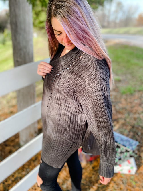 slouchy knit cardigan with side slits in charcoal 