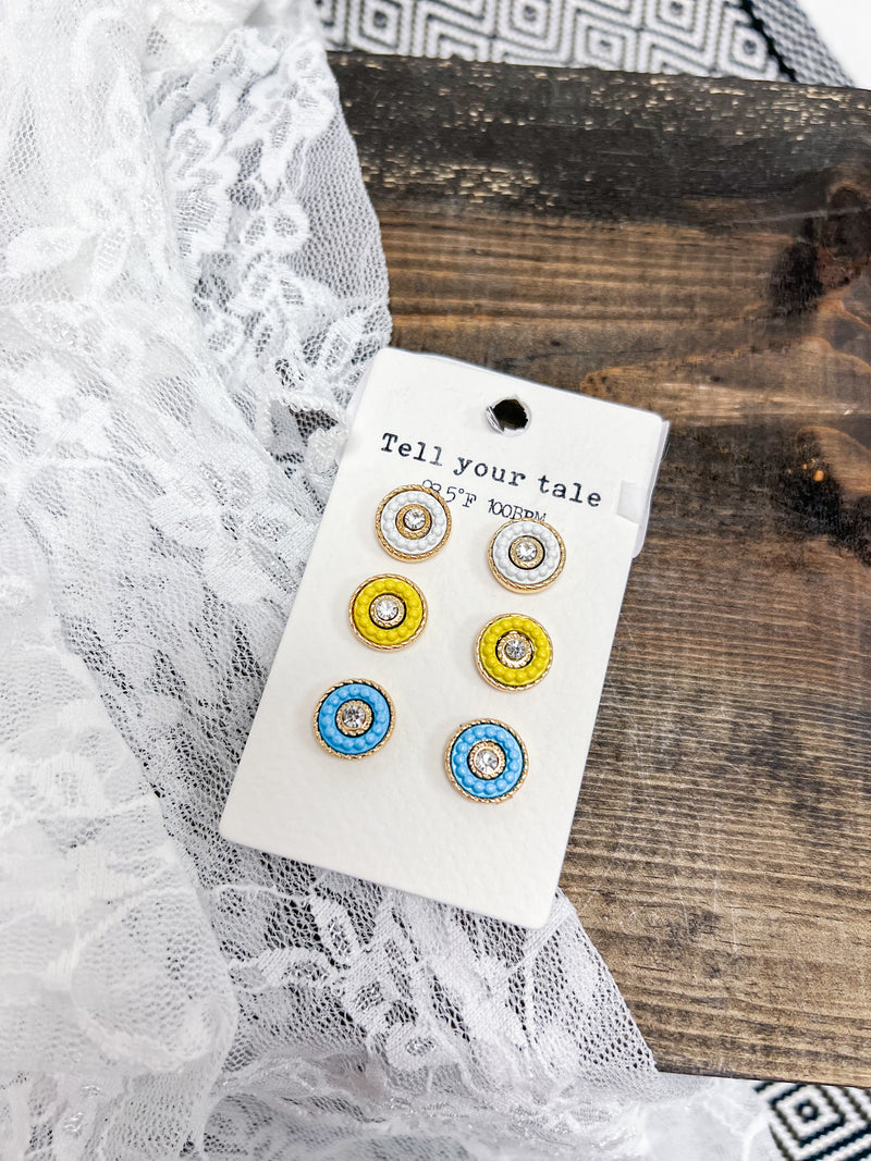 Turquoise set of metal rhinestone disc earrings