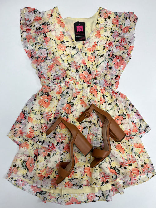 yellow and pink floral mini dress