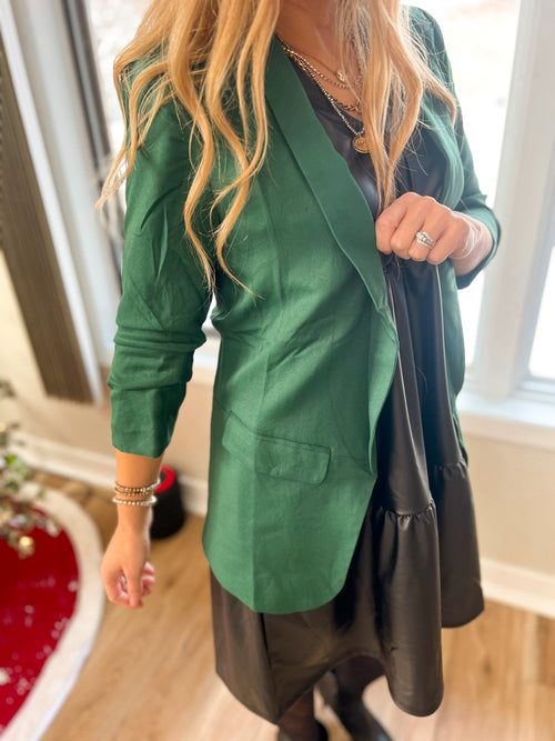 Oddi open front collared blazer with decorative pockets and 3/4 sleeves in dark green
