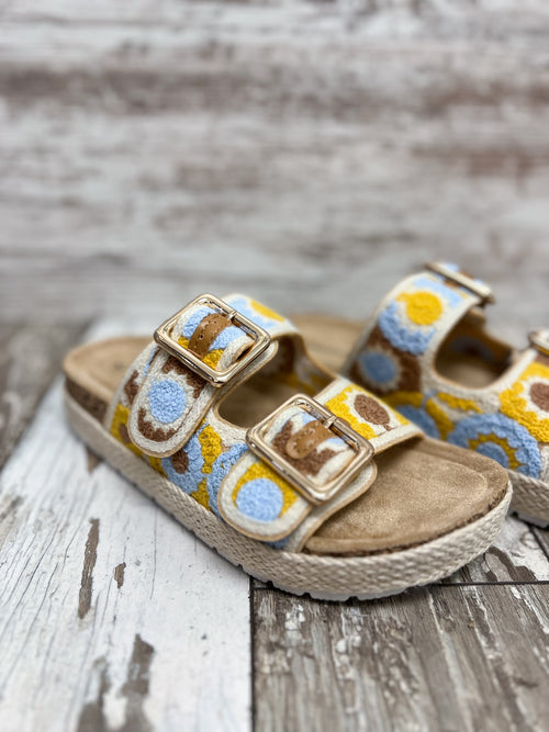 crochet pattern buckle sandals in blue and yellow