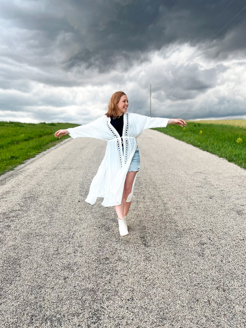 white gauze maxi kimono with lace trim