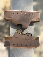 Taupe platform two strap sandals with studs 