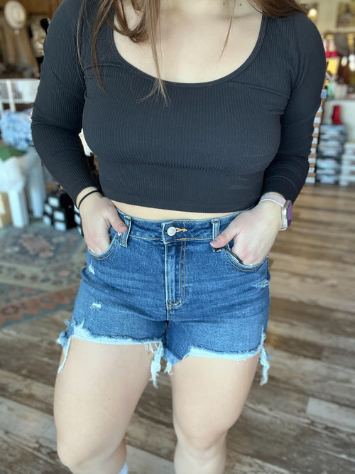 Distressed High Rise Dark Denim Shorts