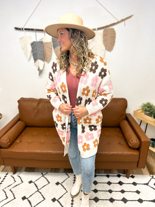 blakely designs retro floral open long cardigan with camel, brown, and pink flowers on an oatmeal base