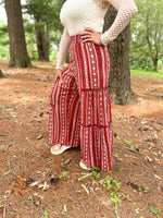 red and white boho wide leg printed pants with elastic waist