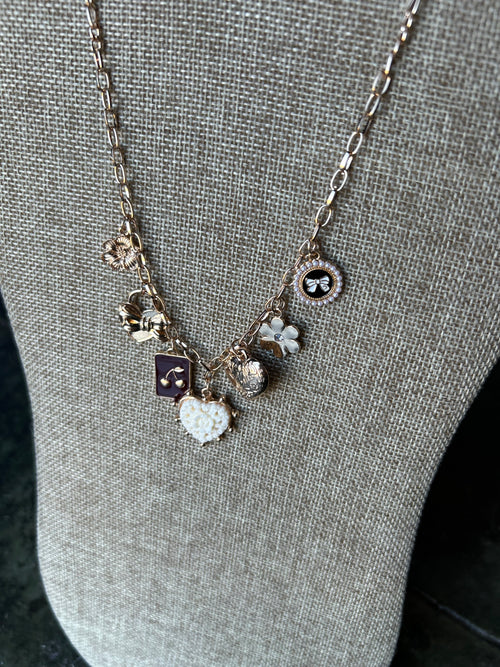 Gold Bow Heart Rhinestone Flower Charm Necklace