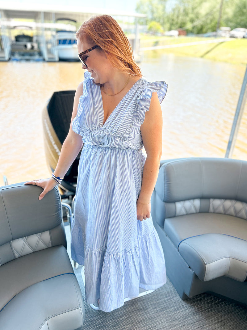 light blue striped deep v midi dress with ruffle sleeves