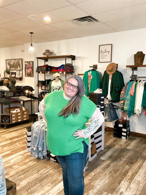 Curvy, soft short sleeve dolman sweater top with front pocket in green