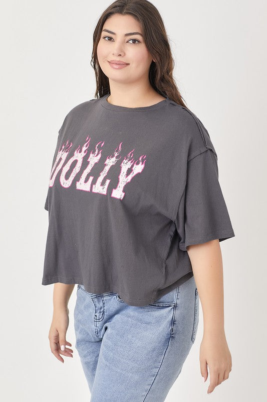 Charcoal Cropped Graphic tee with Dolly written in hot pink