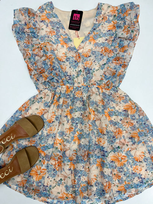 orange and blue floral mini dress