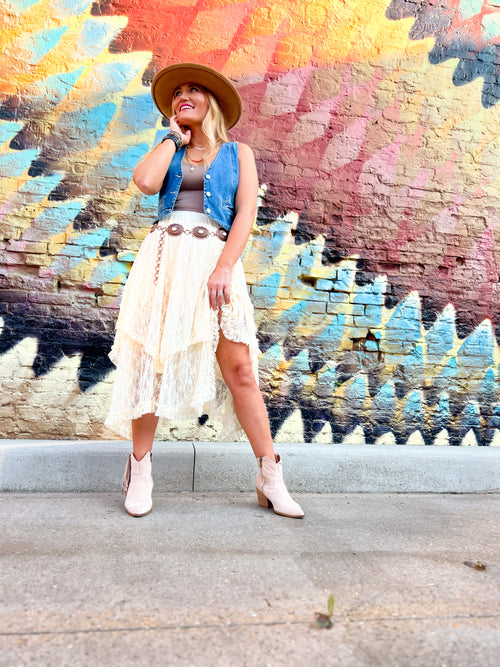 bluivy lace tiered midi skirt in cream