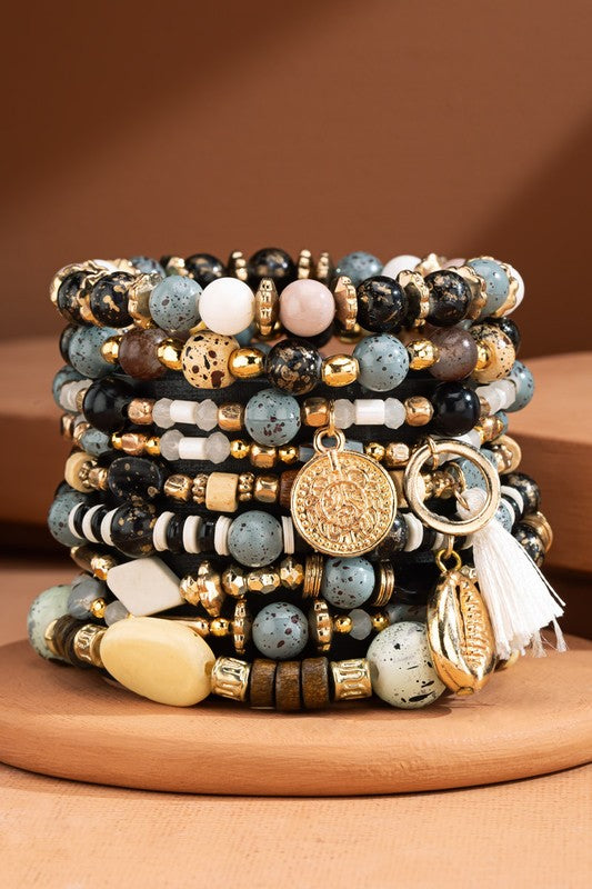 Gray blue black gold bead stretch bracelets 