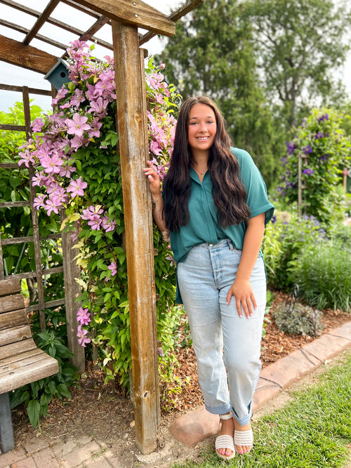 teal loose button down shirt