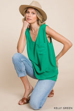 Cotton bleu v-neck pocket tank top blouse in kelly green